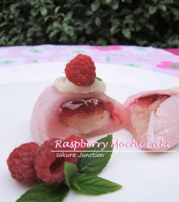 Raspberry Mochi Cake halved